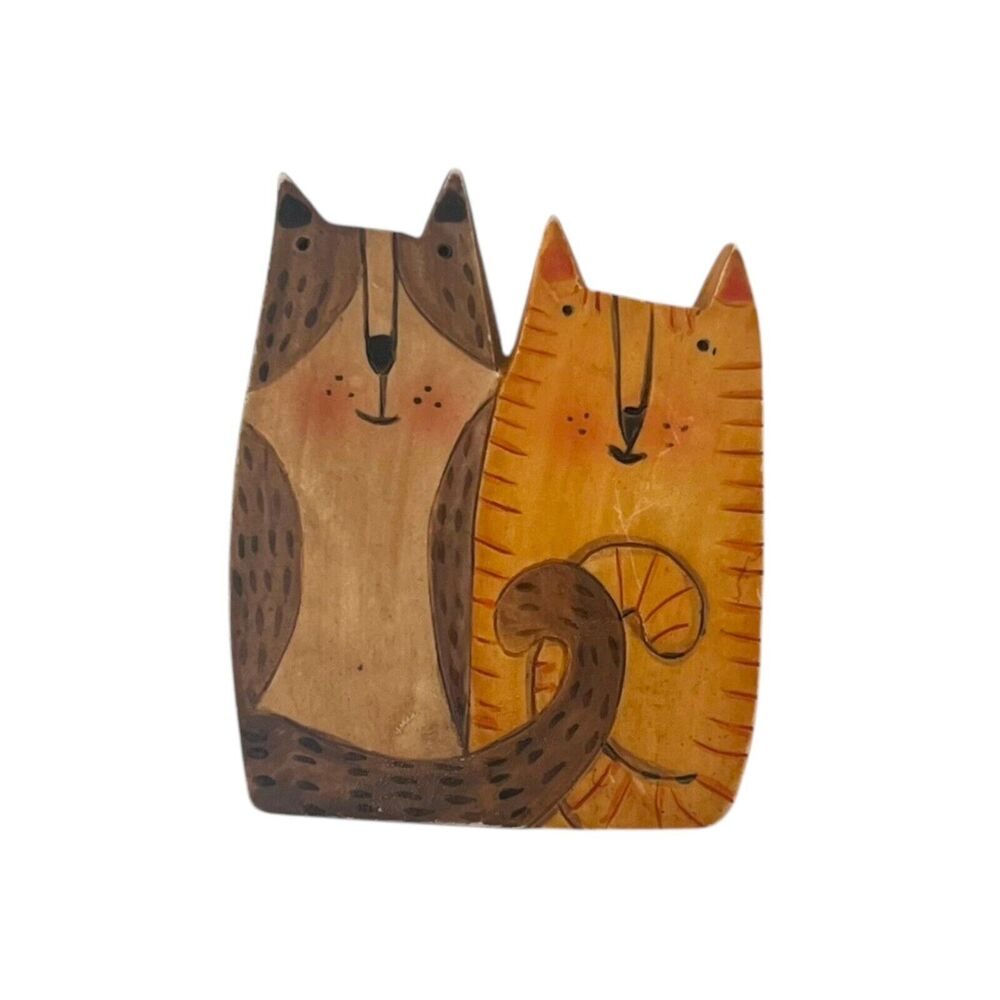 Vintage Brown Orange Hand-Painted Wood Look Resin Double Cats Brooch Pin - CUTE!